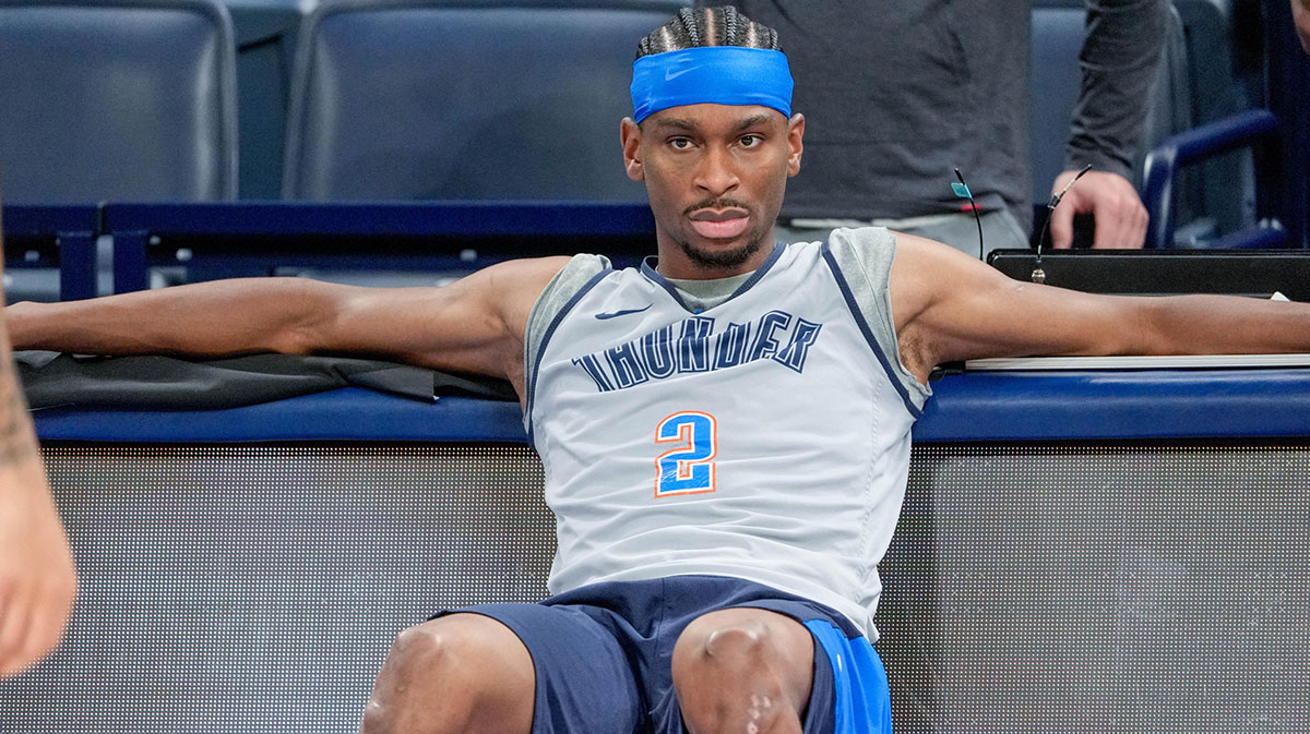 Thunder guard Shai Gilgeous-Alexander (2) sits during an NBA Finals practice session ahead of Game 2 at Paycom Center