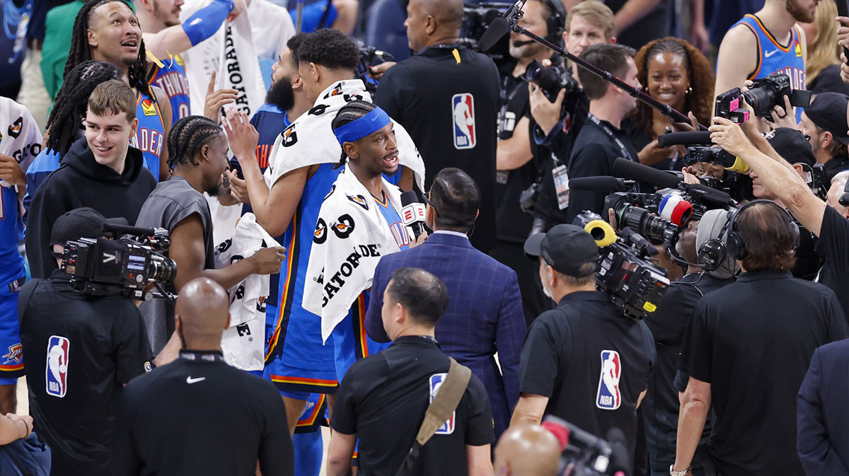 Thunder guard Shai Gilgeous-Alexander (2) is interviewed after the Thunder defeat the Indiana Pacers in game two of the 2025 NBA Finals at Paycom Center
