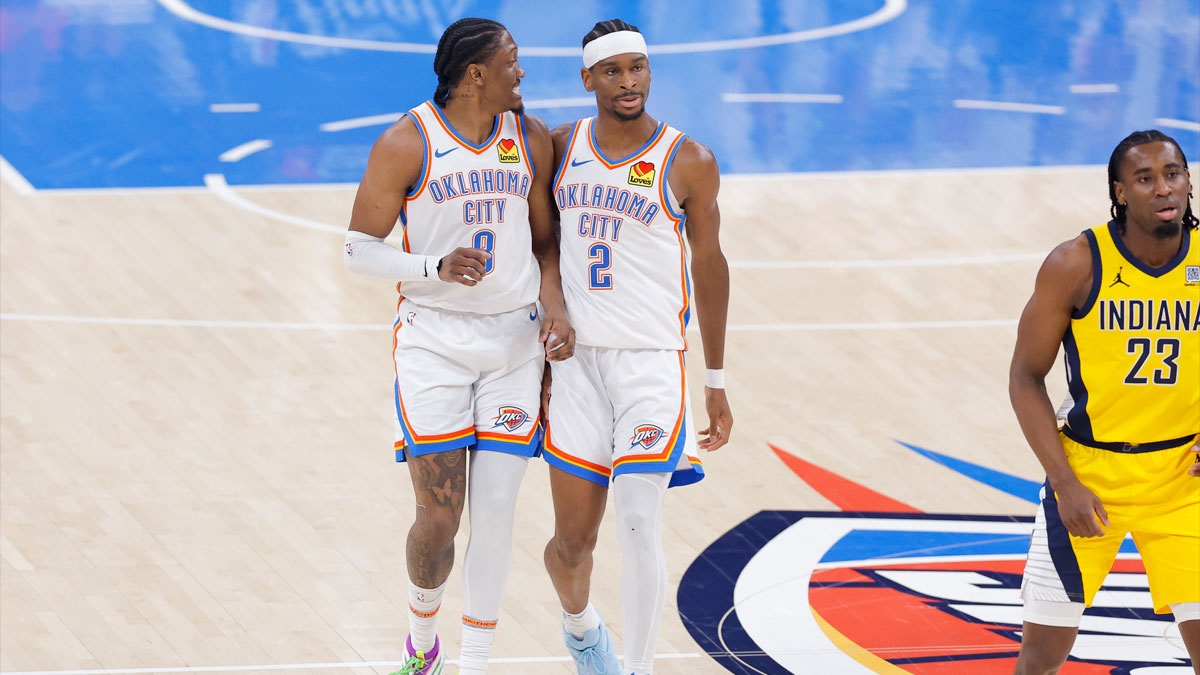 Thunder forward Jalen Williams (8) and guard Shai Gilgeous-Alexander (2) walk back up the court in the first quarter against the Indiana Pacers during game five of the 2025 NBA Finals at Paycom Center