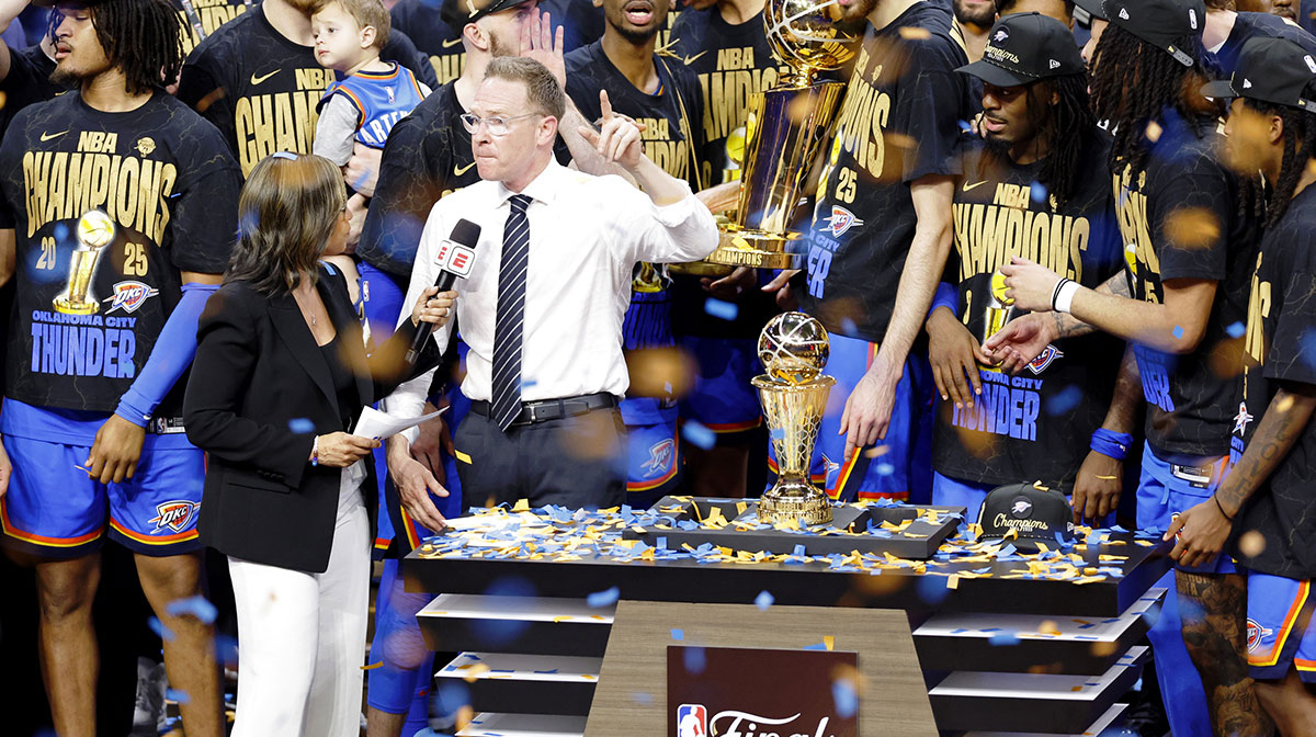 Thunder general manager Sam Presti is interviewed after winning game seven of the 2025 NBA Finals against the Indiana Pacers at Paycom Center