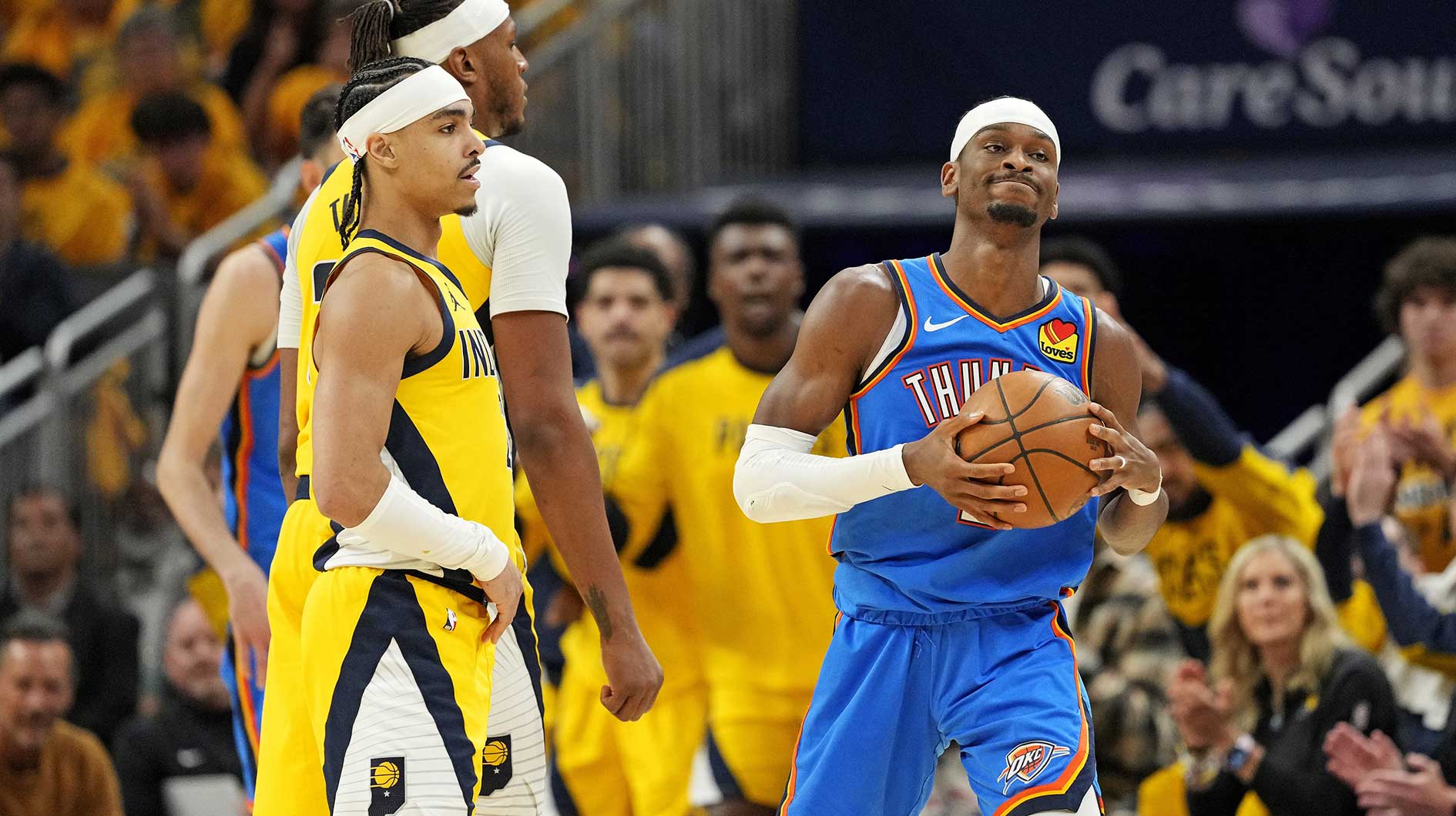 Thunder guard Shai Gilgeous-Alexander (2) reacts during the third quarter of the game against the Indiana Pacers in game three of the 2025 NBA Finals at Gainbridge Fieldhouse