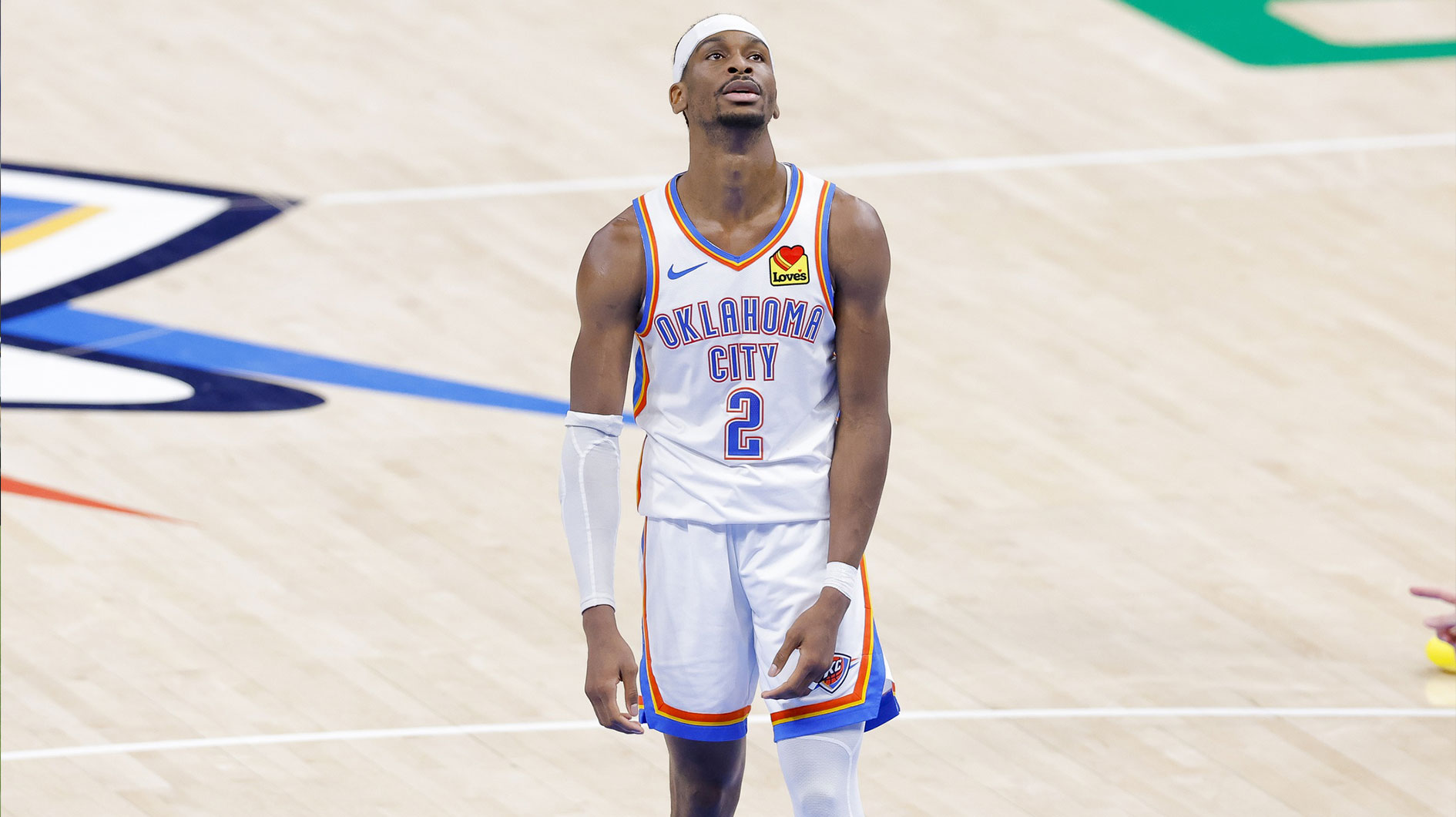 Thunder guard Shai Gilgeous-Alexander (2) looks on during the fourth quarter against the Indiana Pacers in game five of the 2025 NBA Finals at Paycom Center