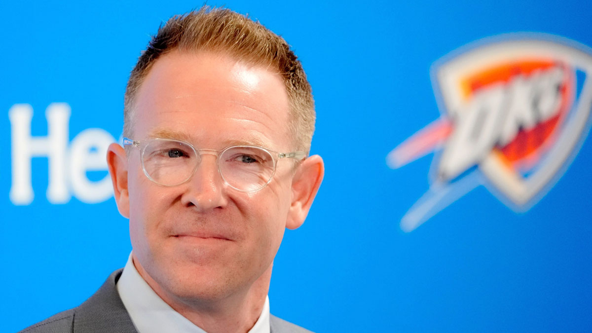 Thunder general manager Sam Presti speaks during an introductory press conference for the 2024 Thunder draft picks at Oklahoma Contemporary Arts Center in Oklahoma City on Saturday, June, 29, 2024 with the Pacers logo in the background