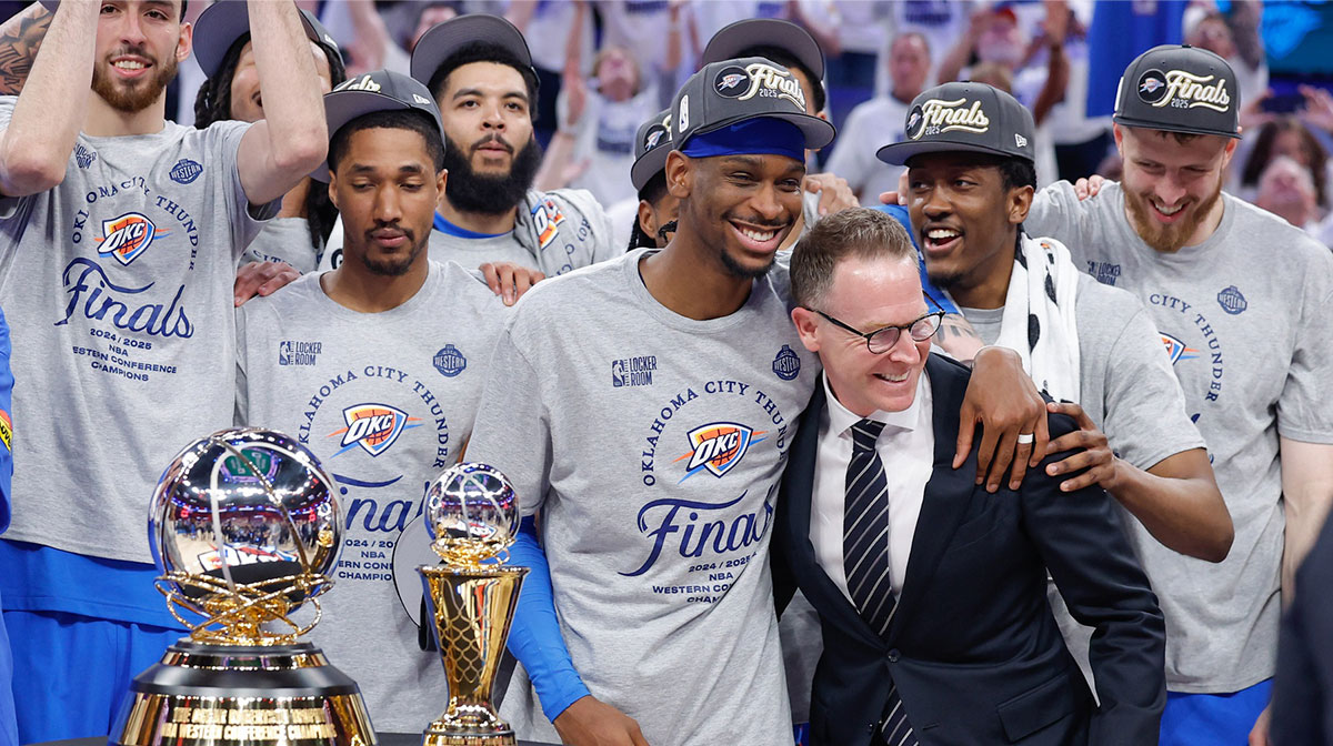 Thunder guard Shai Gilgeous-Alexander hugs Oklahoma City Thunder executive vice president and general manager Sam Presti after their team defeated the Minnesota Timberwolves in game five of the western conference finals for the 2025 NBA Playoffs at Paycom Center