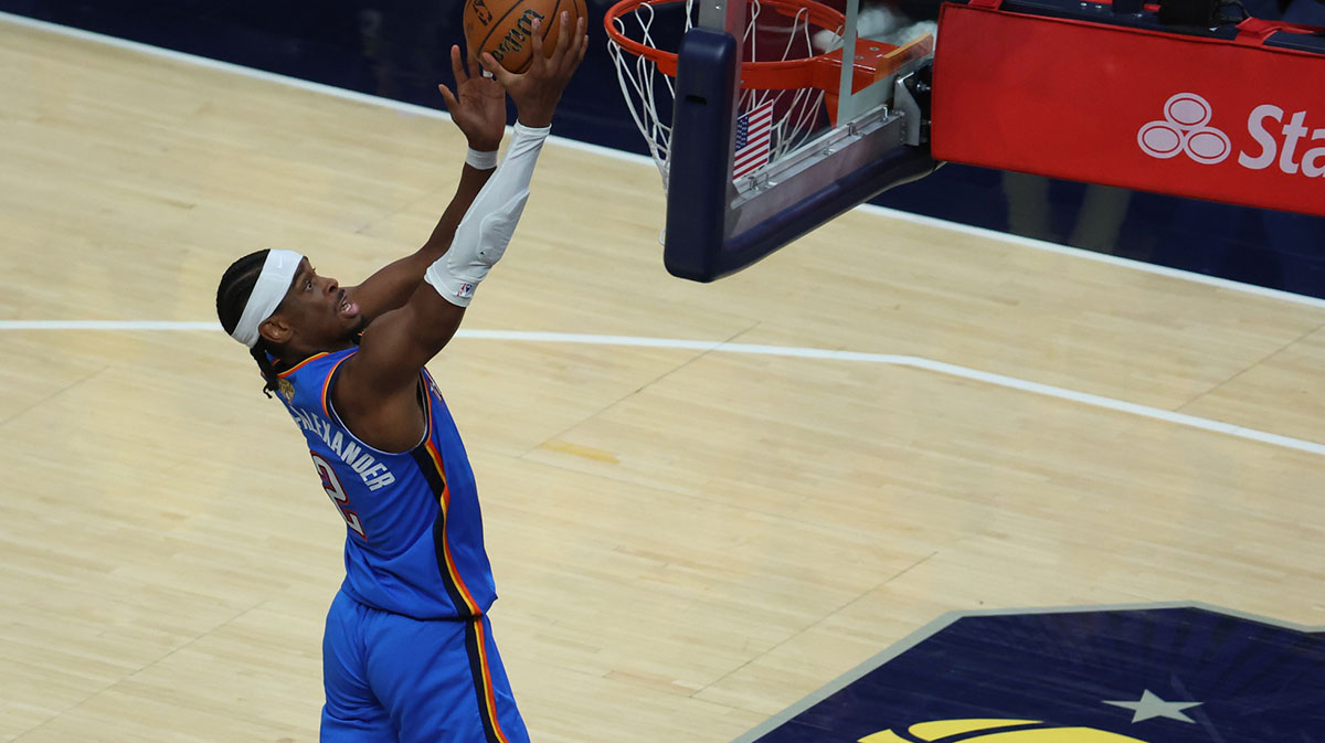 Oklahoma City Thunder guard Shai Gilgeous-Alexander (2) dunks during the third quarter against the Indiana Pacers during game four of the 2025 NBA Finals at Gainbridge Fieldhouse.