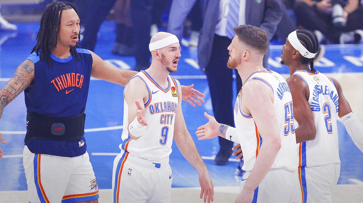 Thunder guard Alex Caruso (9) and center Isaiah Hartenstein (55) and guard Shai Gilgeous-Alexander (2) celebrate in the first quarter against the Indiana Pacers during game five of the 2025 NBA Finals at Paycom Center
