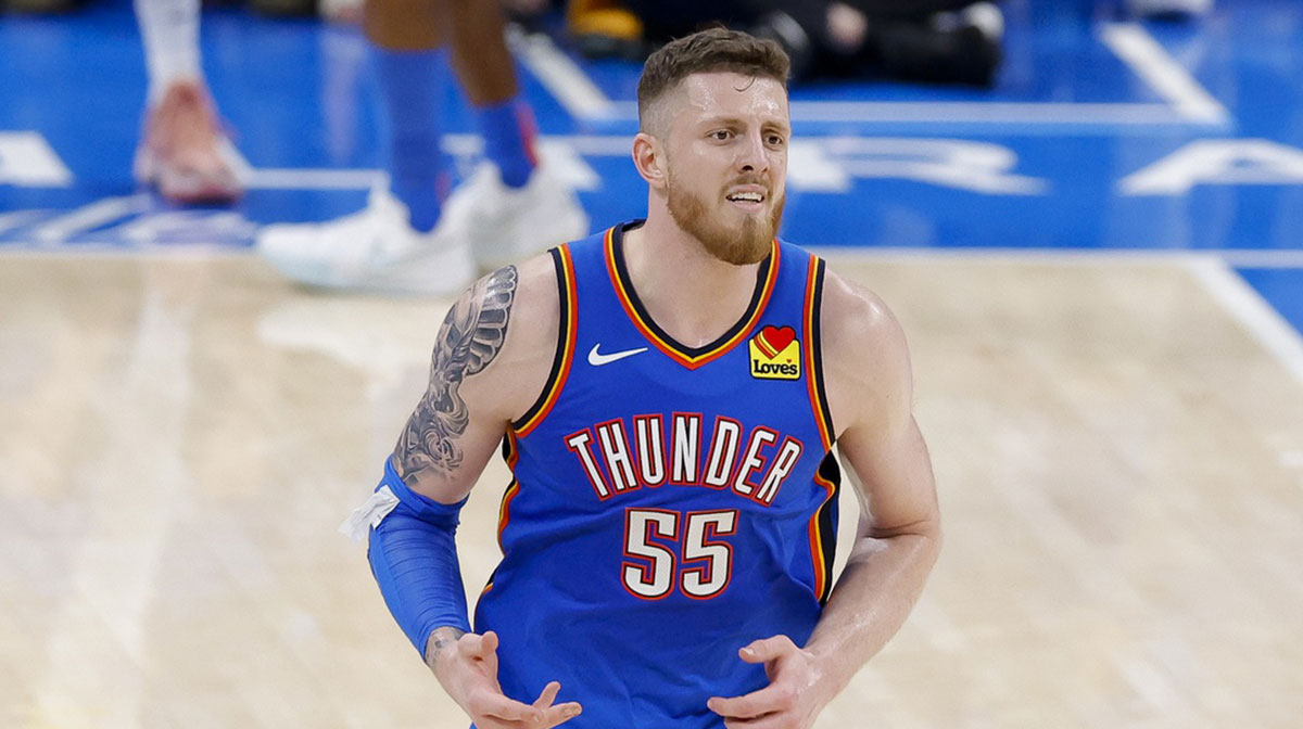 Thunder center Isaiah Hartenstein (55) comes back up court against the Indiana Pacers during the fourth quarter of game two of the 2025 NBA Finals at Paycom Center