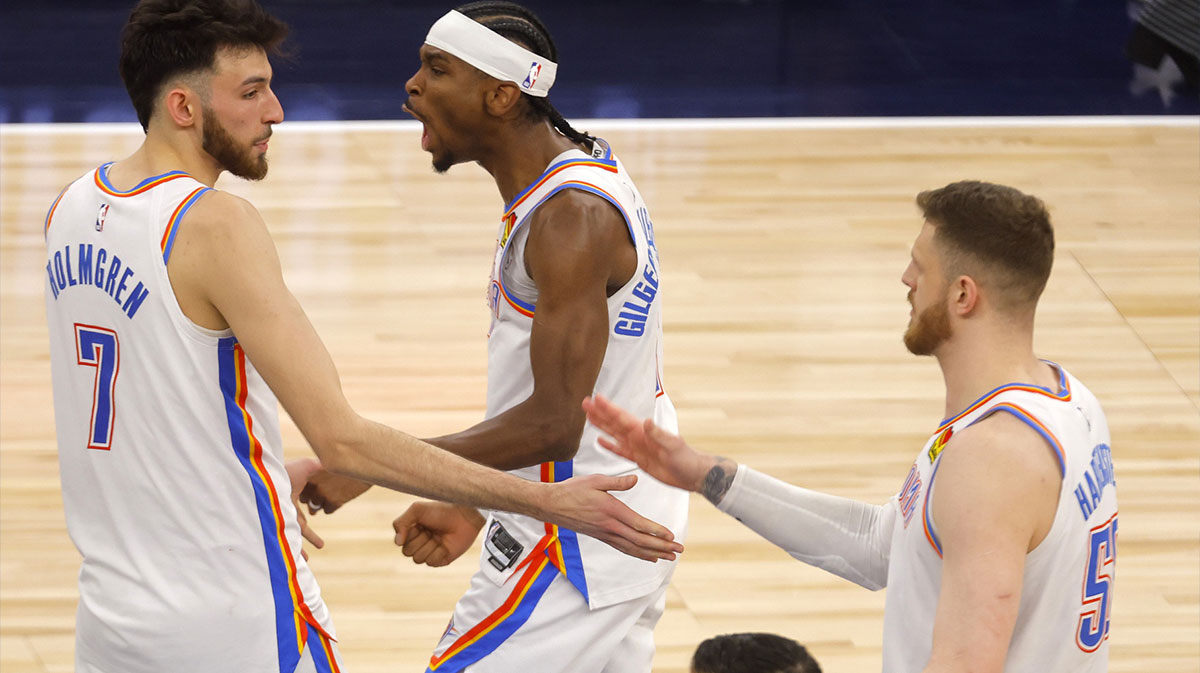 Thunder forward Chet Holmgren (7), guard Shai Gilgeous-Alexander (2) and center Isaiah Hartenstein (55) react after defeating the Minnesota Timberwolves in game four of the western conference finals for the 2025 NBA Playoffs at Target Center