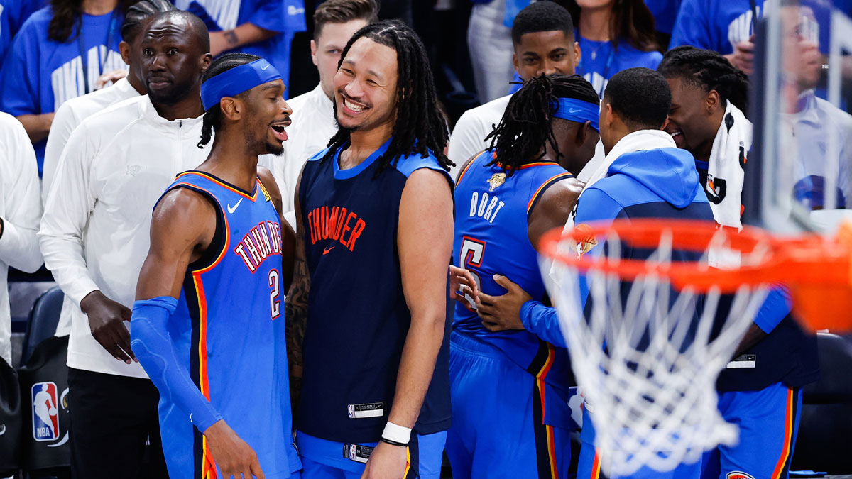 Thunder guard Shai Gilgeous-Alexander (2) celebrates with Oklahoma City Thunder forward Jaylin Williams (6) during the fourth quarter of game seven of the 2025 NBA Finals against the Indiana Pacers at Paycom Center