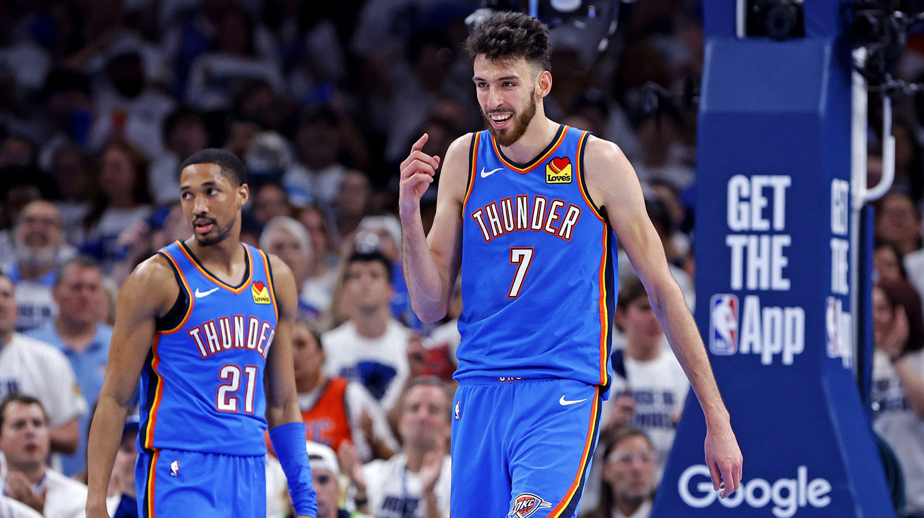 Thunder forward Chet Holmgren (7) celebrates after a play during the second quarter against the Minnesota Timberwolves in game five of the western conference finals for the 2025 NBA Playoffs at Paycom Center