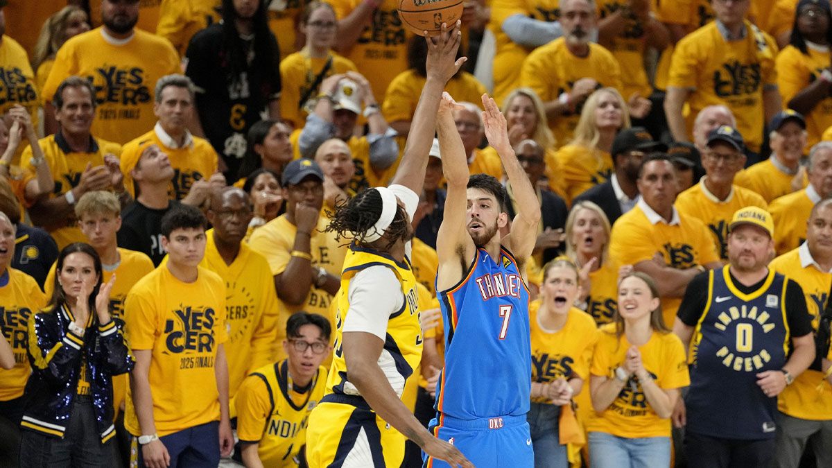 Thunder forward Chet Holmgren (7) shoots the ball against Indiana Pacers center Myles Turner (33) during the first half of game six of the 2025 NBA Finals between the Oklahoma City Thunder and the Indiana Pacers at Gainbridge Fieldhouse