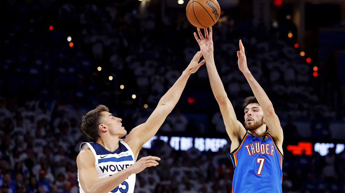 Thunder forward Chet Holmgren (7) shoots the ball against Minnesota Timberwolves center Luka Garza (55) during the fourth quarter in game five of the western conference finals for the 2025 NBA Playoffs at Paycom Center