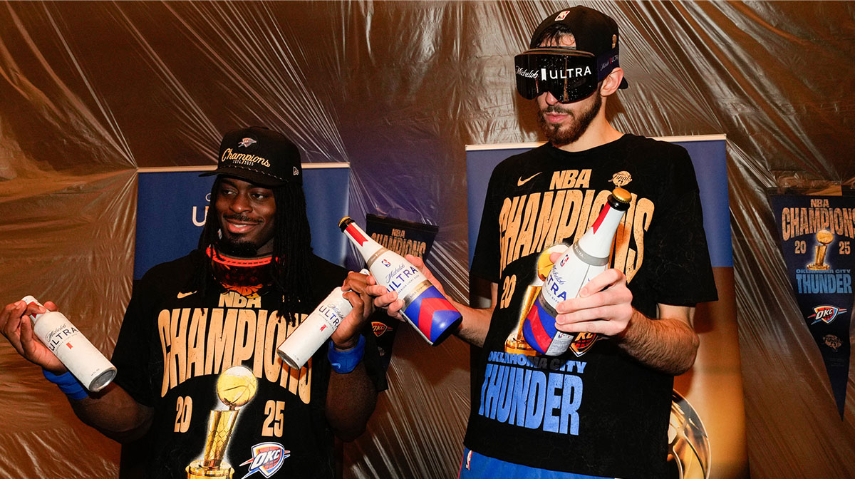 Thunder forward Chet Holmgren (7) celebrate after winning game seven of the 2025 NBA Finals against the Indiana Pacers at Paycom Center
