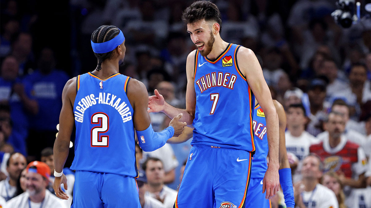 Thunder forward Chet Holmgren (7) and guard Shai Gilgeous-Alexander (2) celebrates during the second quarter against the Minnesota Timberwolves in game five of the western conference finals for the 2025 NBA Playoffs at Paycom Center