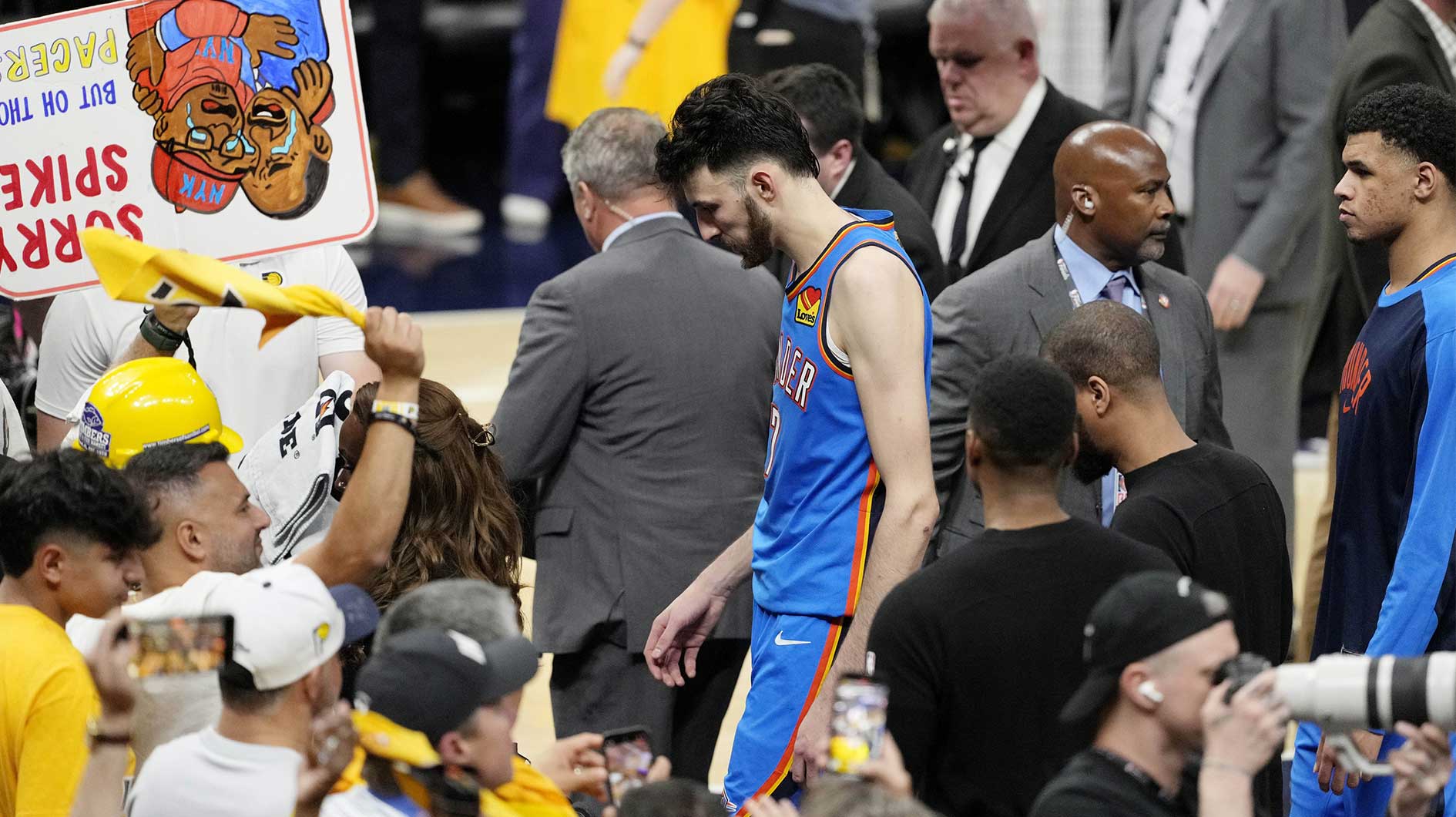 Thunder forward Chet Holmgren (7) walks off the court after losing against the Indiana Pacers during game three of the 2025 NBA Finals at Gainbridge Fieldhouse