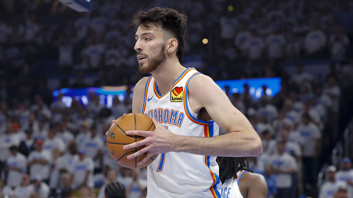 Thunder forward Chet Holmgren (7) looks on during the first quarter against the Indiana Pacers during game one of the 2025 NBA Finals at Paycom Center