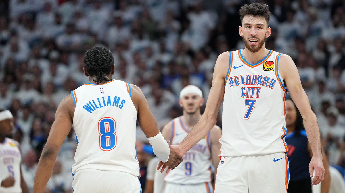 Thunder forward Chet Holmgren (7) reacts with forward Jalen Williams (8) in the second half during game four of the western conference finals for the 2025 NBA Playoffs at Target Center