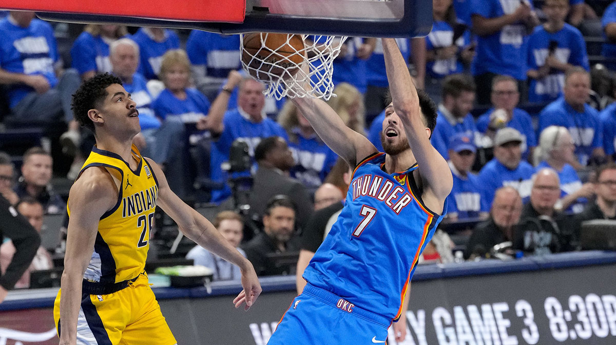 Thunder forward Chet Holmgren (7) dunks the ball past Indiana Pacers guard Ben Sheppard (26) during the second quarter of game two of the 2025 NBA Finals at Paycom Center