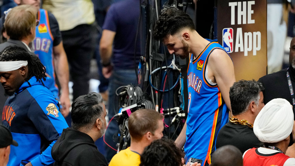 Thunder forward Chet Holmgren (7) walks of the court after losing the Indiana Pacers in game six of the 2025 NBA Finals between the Oklahoma City Thunder and the Indiana Pacers at Gainbridge Fieldhouse