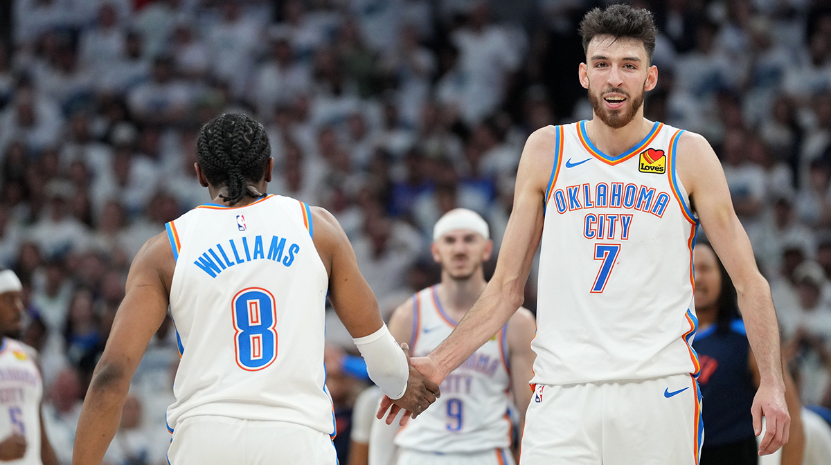 Thunder forward Chet Holmgren (7) reacts with forward Jalen Williams (8) in the second half during game four of the western conference finals for the 2025 NBA Playoffs at Target Center