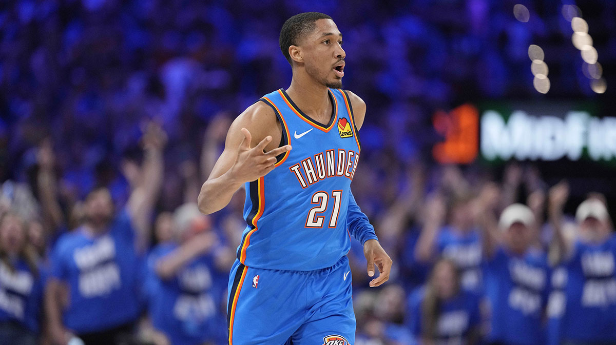 Oklahoma City Thunder guard Aaron Wiggins (21) reacts after a play against the Indiana Pacers during the first half during game two of the 2025 NBA Finals at Paycom Center.