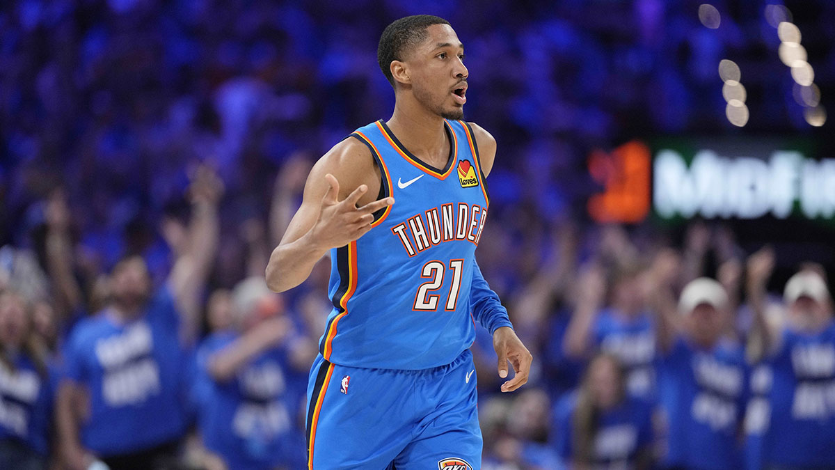 Thunder guard Aaron Wiggins (21) reacts after a play against the Indiana Pacers during the first half during game two of the 2025 NBA Finals at Paycom Center