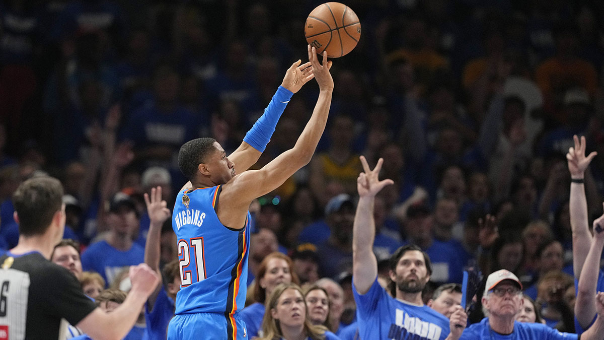 Thunder guard Aaron Wiggins (21) shoots the ball against the Indiana Pacers during the first half during game two of the 2025 NBA Finals at Paycom Center