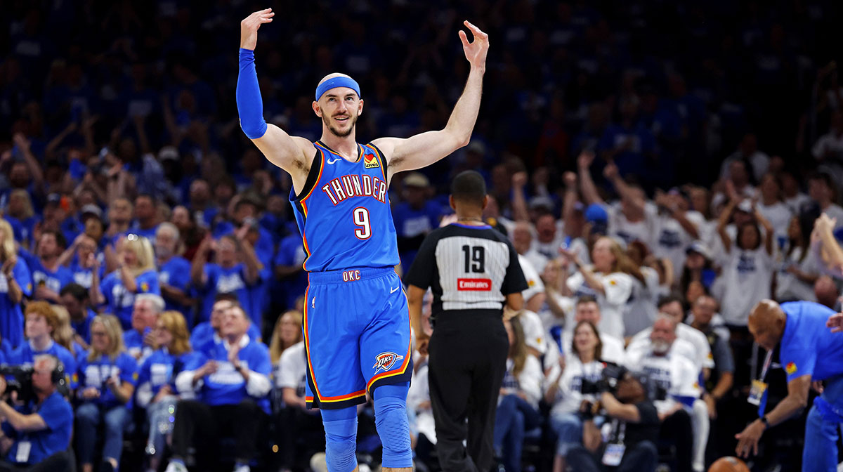 Thunder guard Alex Caruso (9) celebrates after a play during the second quarter against the Minnesota Timberwolves in game five of the western conference finals for the 2025 NBA Playoffs at Paycom Center