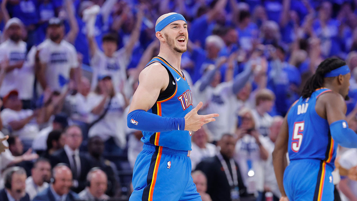 Thunder guard Alex Caruso (9) celebrates after Oklahoma City Thunder guard Luguentz Dort scores a three point basket against the Minnesota Timberwolves in the fourth quarter during game five of the western conference finals for the 2025 NBA Playoffs at Paycom Center