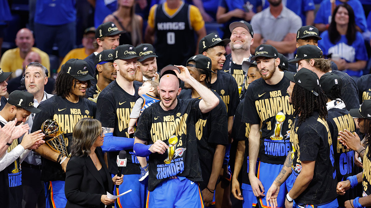 Thunder guard Alex Caruso (9) celebrates after winning game seven of the 2025 NBA Finals against the Indiana Pacers at Paycom Center