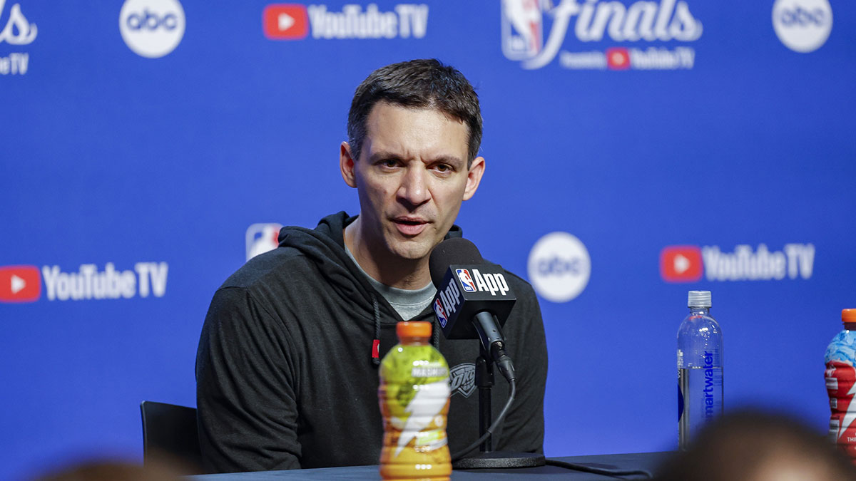 Thunder head coach Mark Daigneault speaks to the media after the Thunder lose to the Indiana Pacers during game one of the 2025 NBA Finals at Paycom Center