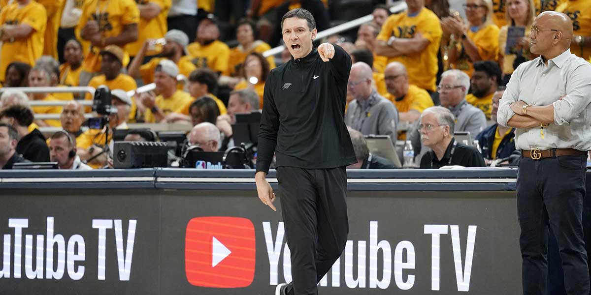 Thunder head coach Mark Daigneault directs players against the Indiana Pacers during the first half of game six of the 2025 NBA Finals between the Oklahoma City Thunder and the Indiana Pacers at Gainbridge Fieldhouse