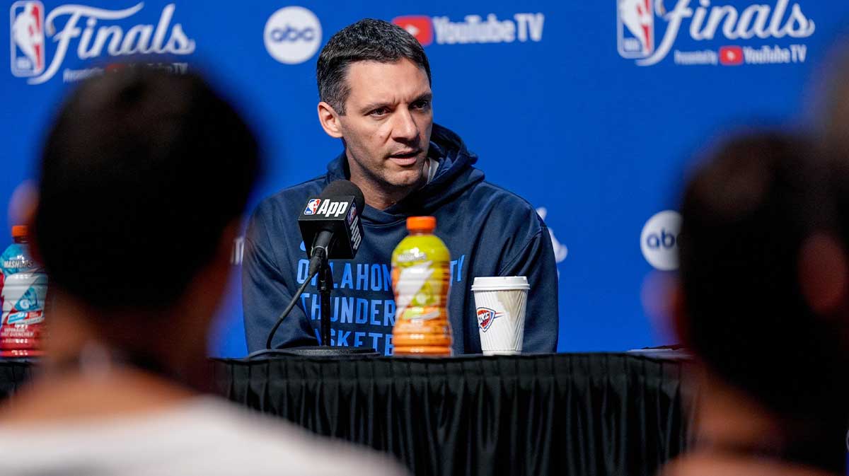 Thunder head coach Mark Daigneault speaks at a press conference during an NBA Finals practice session ahead of Game 2 at Paycom Center Oklahoma City, on Saturday, June 7, 2025.