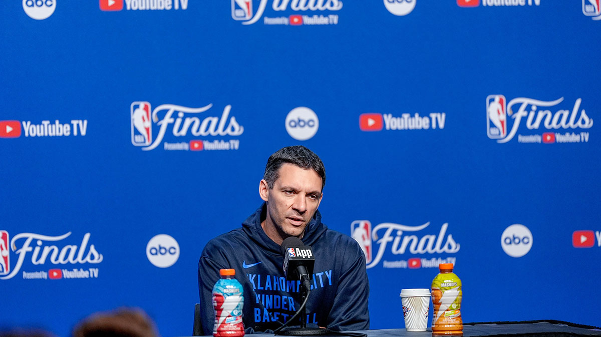 Thunder head coach Mark Daigneault speaks at a press conference during an NBA Finals