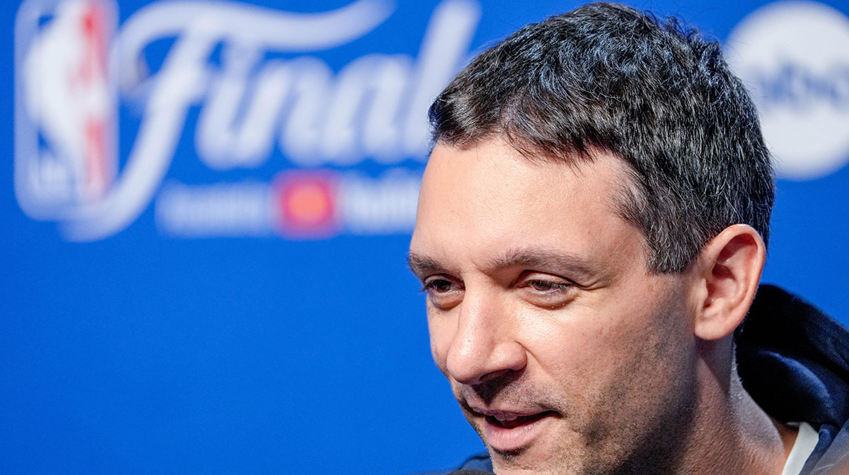 Thunder's head coach, Mark Daigneault, speaks at a press conference during a training session in the NBA final before match 2 at Paycom Center
