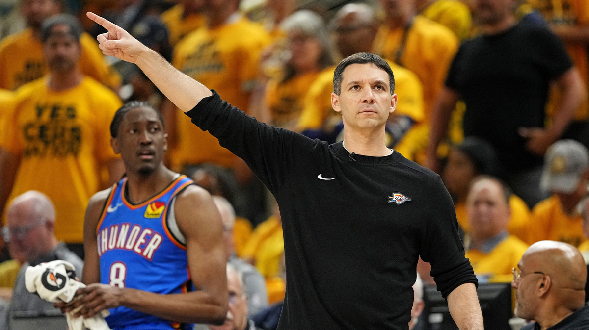 Thunder head coach Mark Daigneault signals to his team during the third quarter against the Indiana Pacers in game three of the 2025 NBA Finals at Gainbridge Fieldhouse