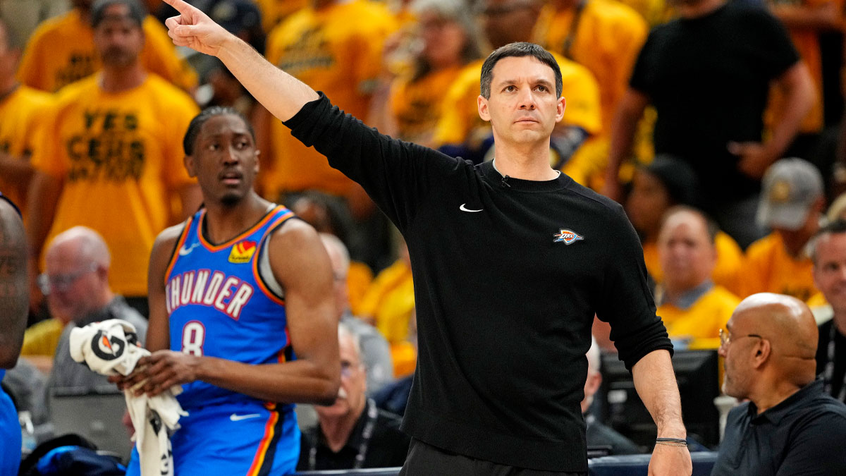 Thunder head coach Mark Daigneault signals to his team during the third quarter against the Indiana Pacers in game three of the 2025 NBA Finals at Gainbridge Fieldhouse