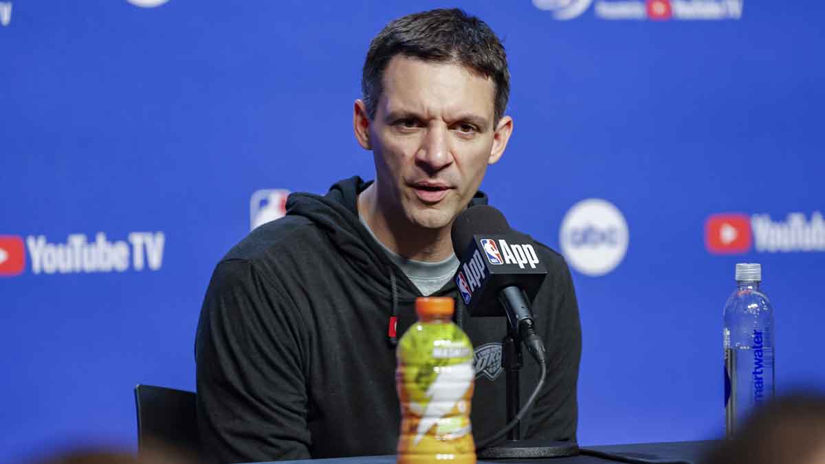 Thunder head coach Mark Daigneault speaks to the media after the Thunder lose to the Indiana Pacers during game one of the 2025 NBA Finals at Paycom Center