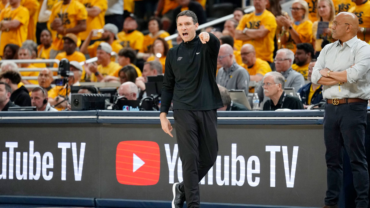 Thunder head coach Mark Daigneault directs players against the Indiana Pacers during the first half of game six of the 2025 NBA Finals between the Oklahoma City Thunder and the Indiana Pacers at Gainbridge Fieldhouse