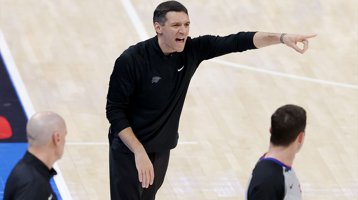 Oklahoma City Thunder head coach Mark Daigneault motions to his team during the fourth quarter against the Indiana Pacers in game two of the 2025 NBA Finals at Paycom Center.