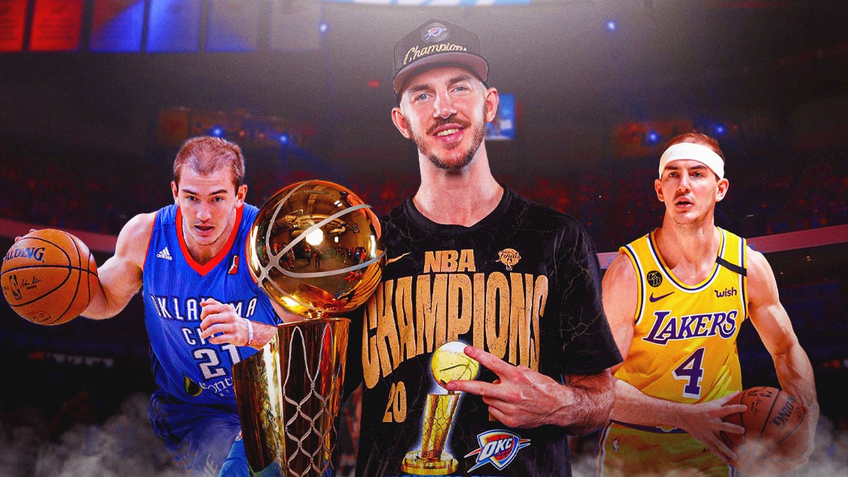 Thunder veteran Alex Caruso next to the Larry O'Brien trophy with a picture of Alex Caruso in a Lakers jersey from 2020 next to a picture of Alex Caruso in an Oklahoma City Blue jersey from 2016 in the background with Thunder head coach Mark Daigneault in the background