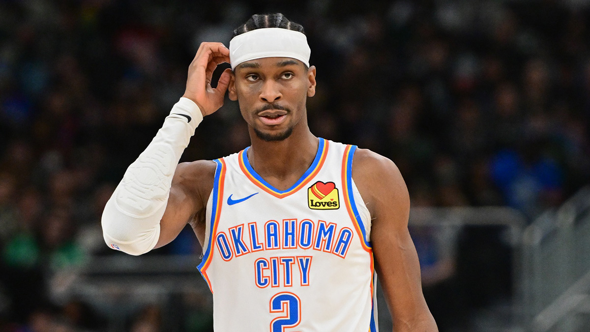 Oklahoma City Thunder guard Shai Gilgeous-Alexander (2) looks on in the second quarter against the Milwaukee Bucks at Fiserv Forum.