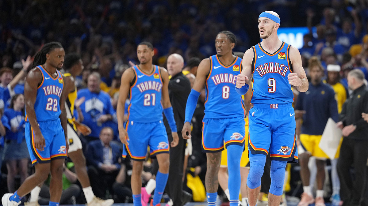 Thunder guard Alex Caruso (9) reacts after a play against the Indiana Pacers during the second half of game seven of the 2025 NBA Finals at Paycom Center