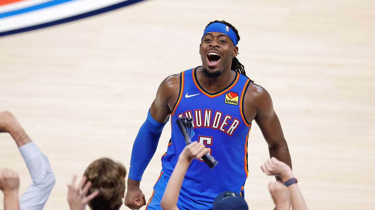 Thunder guard Lu Dort (5) celebrates after a play against the Indiana Pacers during the second half during game seven of the 2025 NBA Finals at Paycom Center