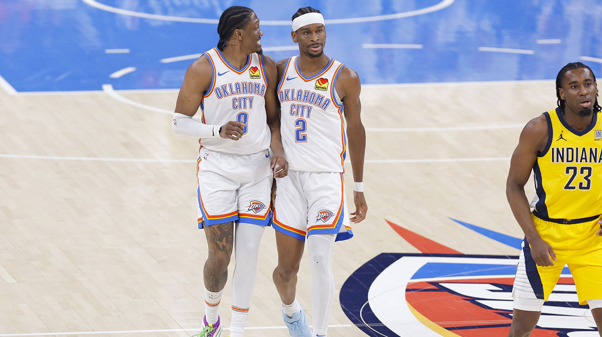 Thunder forward Jalen Williams (8) and guard Shai Gilgeous-Alexander (2) walk back up the court in the first quarter against the Indiana Pacers during game five of the 2025 NBA Finals at Paycom Center
