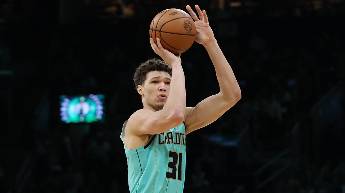 Charlotte Hornets forward Tidjane Salaun (31) shoots during the second half against the Boston Celtics at TD Garden.
