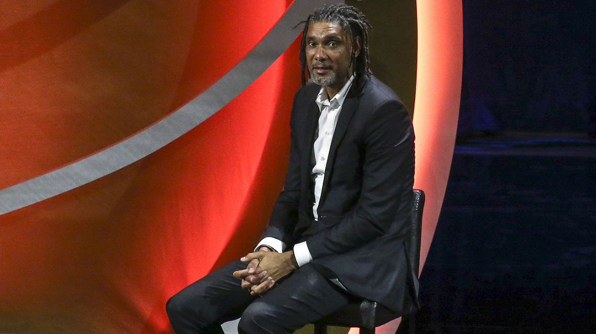 Tim Duncan on stage during the 2022 Basketball Hall of Fame induction for Manu Ginobili at Symphony Hall.