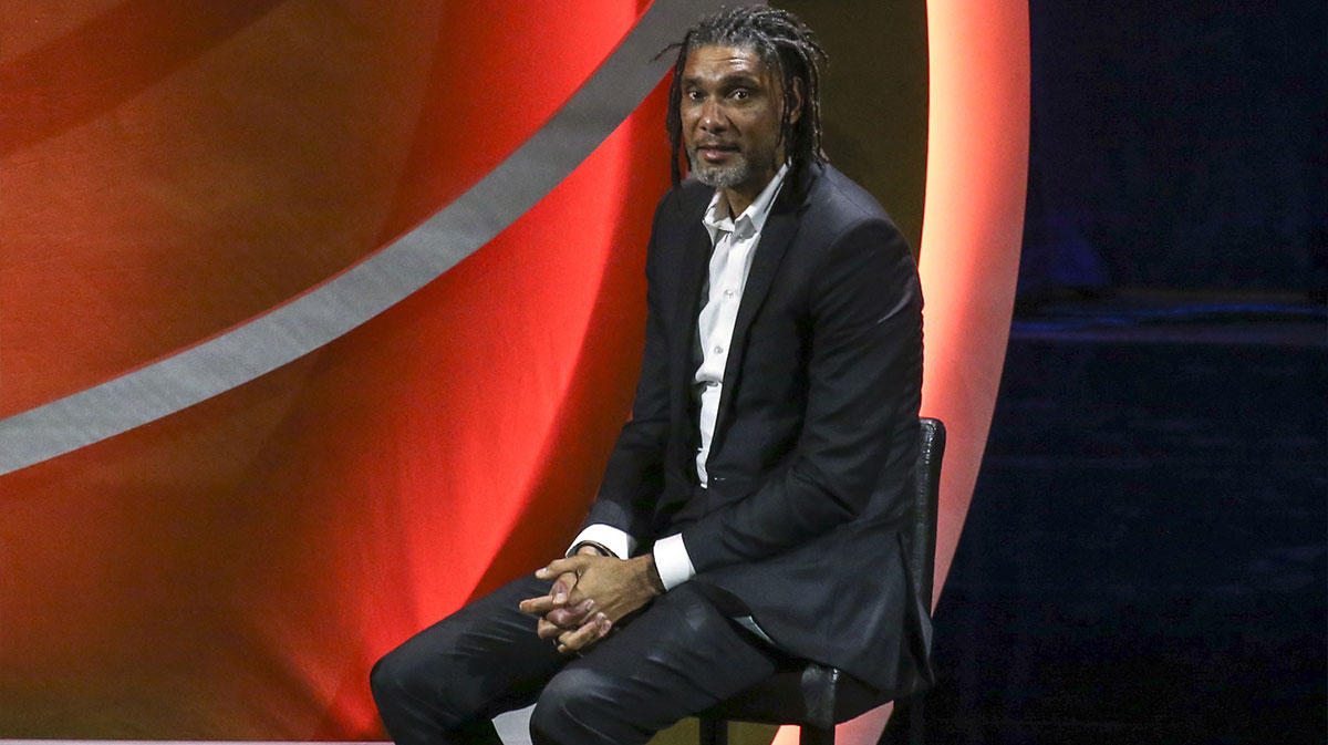 Tim Duncan on stage during the 2022 Basketball Hall of Fame induction for Manu Ginobili at Symphony Hall.