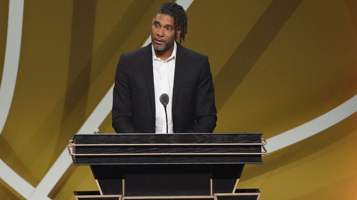 Class of 2020 inductee Tim Duncan speaks during the Naismith Memorial Basketball Hall of Fame Enshrinement ceremony at Mohegan Sun Arena.