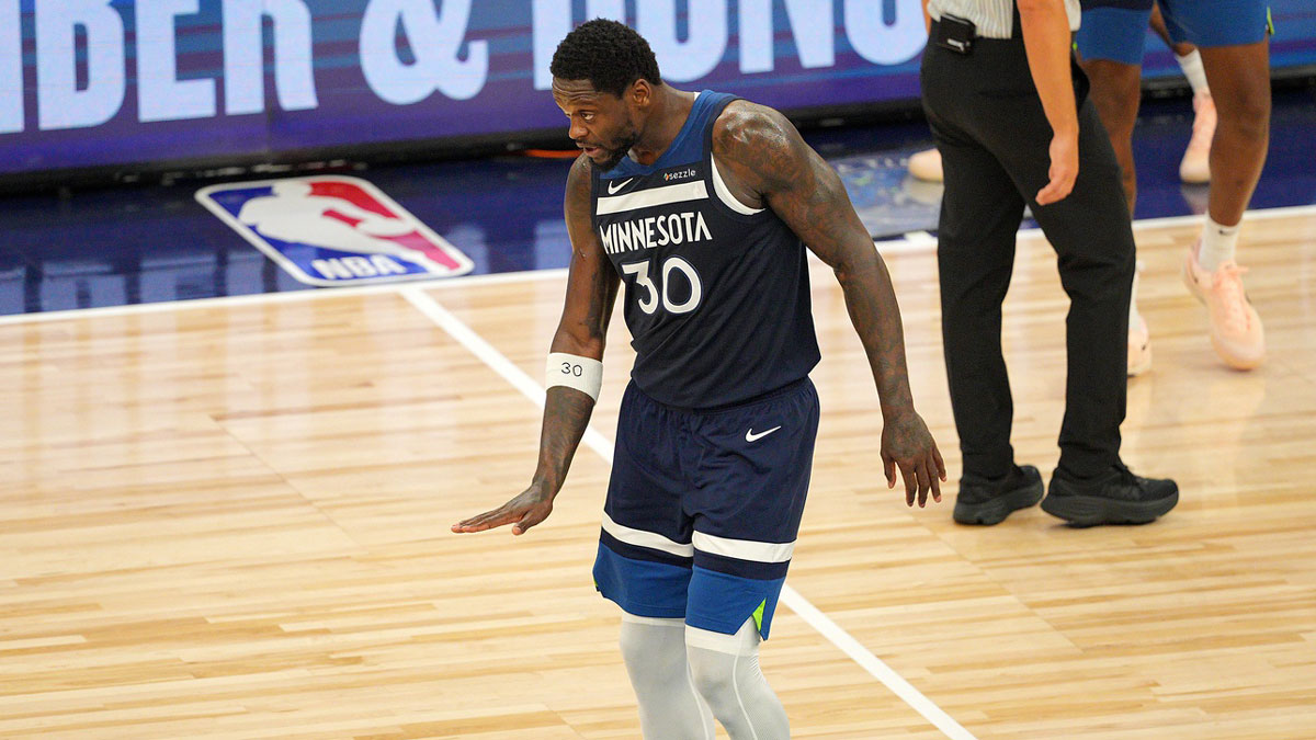 Minnesota Timberwolves forward Julius Randle (30) reacts against the Oklahoma City Thunder during the second half in game three of the western conference finals for the 2025 NBA Playoffs at Target Center.